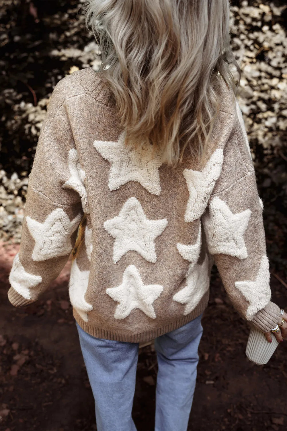 Khaki Sherpa Star Pattern Textured Sweater Cardigan with Pockets - Chic Meadow Boutique 