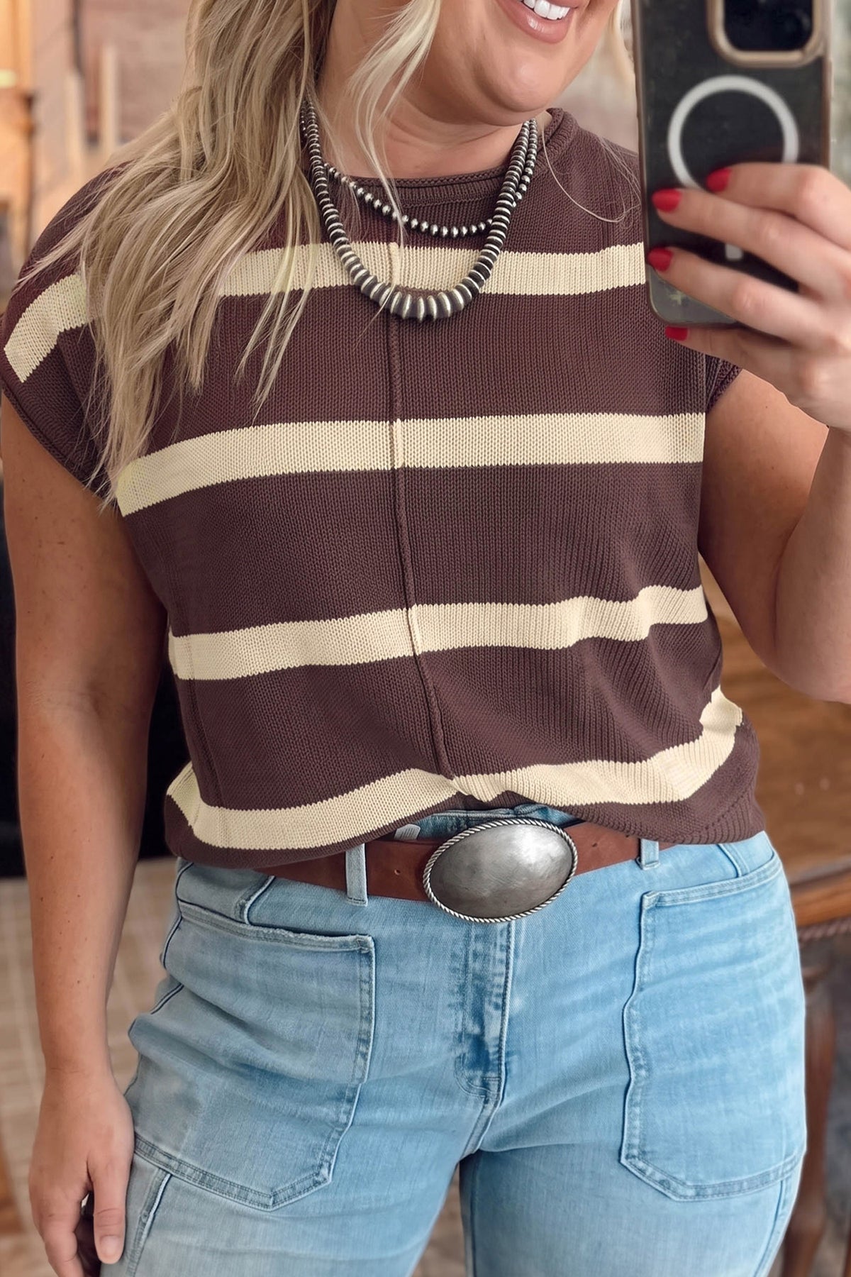 Brown Stripe Colorblock Knit Plus Size Sleeveless Casual Sweater