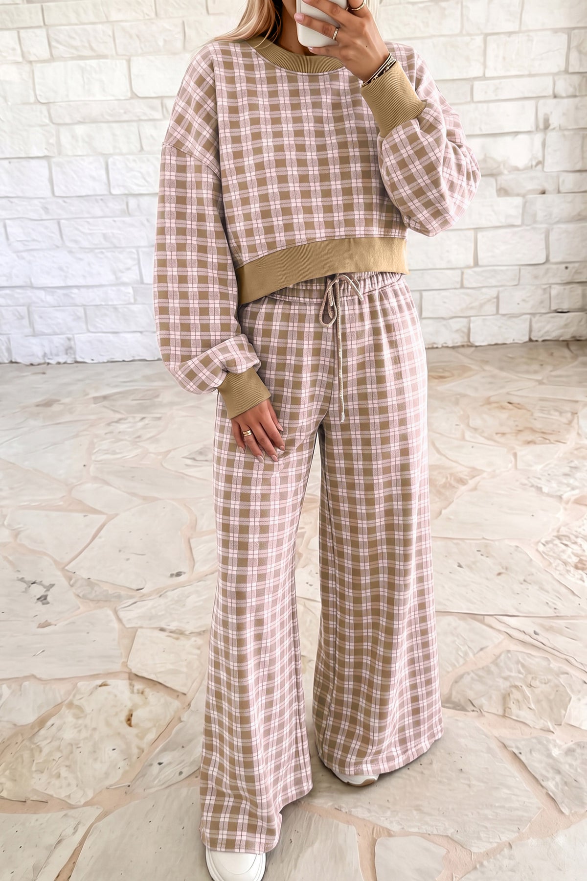 Pink Plaid Long Sleeve Drop Shoulder Top Ribbed Color Block Trim Two Piece Pant Set