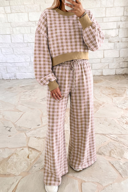 Pink Plaid Long Sleeve Drop Shoulder Top Ribbed Color Block Trim Two Piece Pant Set