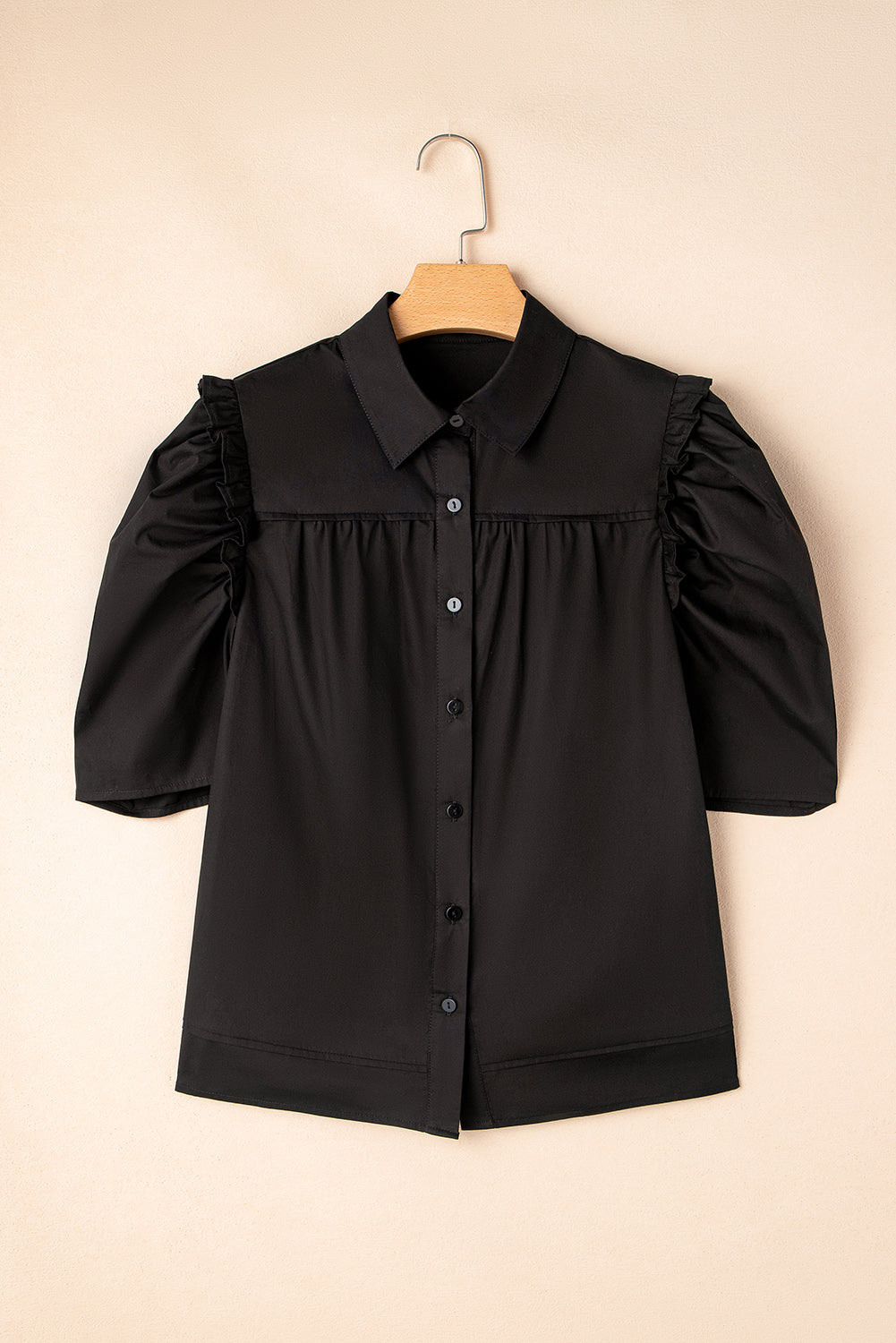 Black Frilly Puff Sleeve Stylish Collared Shirt