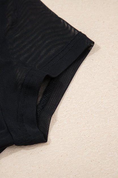 Black Sheer Mesh Patchwork Cap Sleeve T Shirt