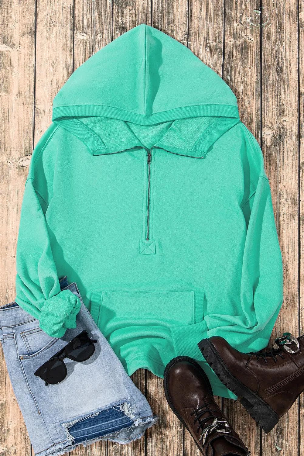 Tops/Sweatshirts & Hoodies Aruba Blue Solid Kangaroo Pocket Half Zipper Oversized Hoodie