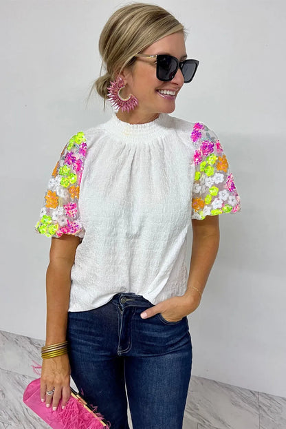 White Smocked Collar Sequin Flower Puff Sleeve Textured Top - Chic Meadow Boutique 