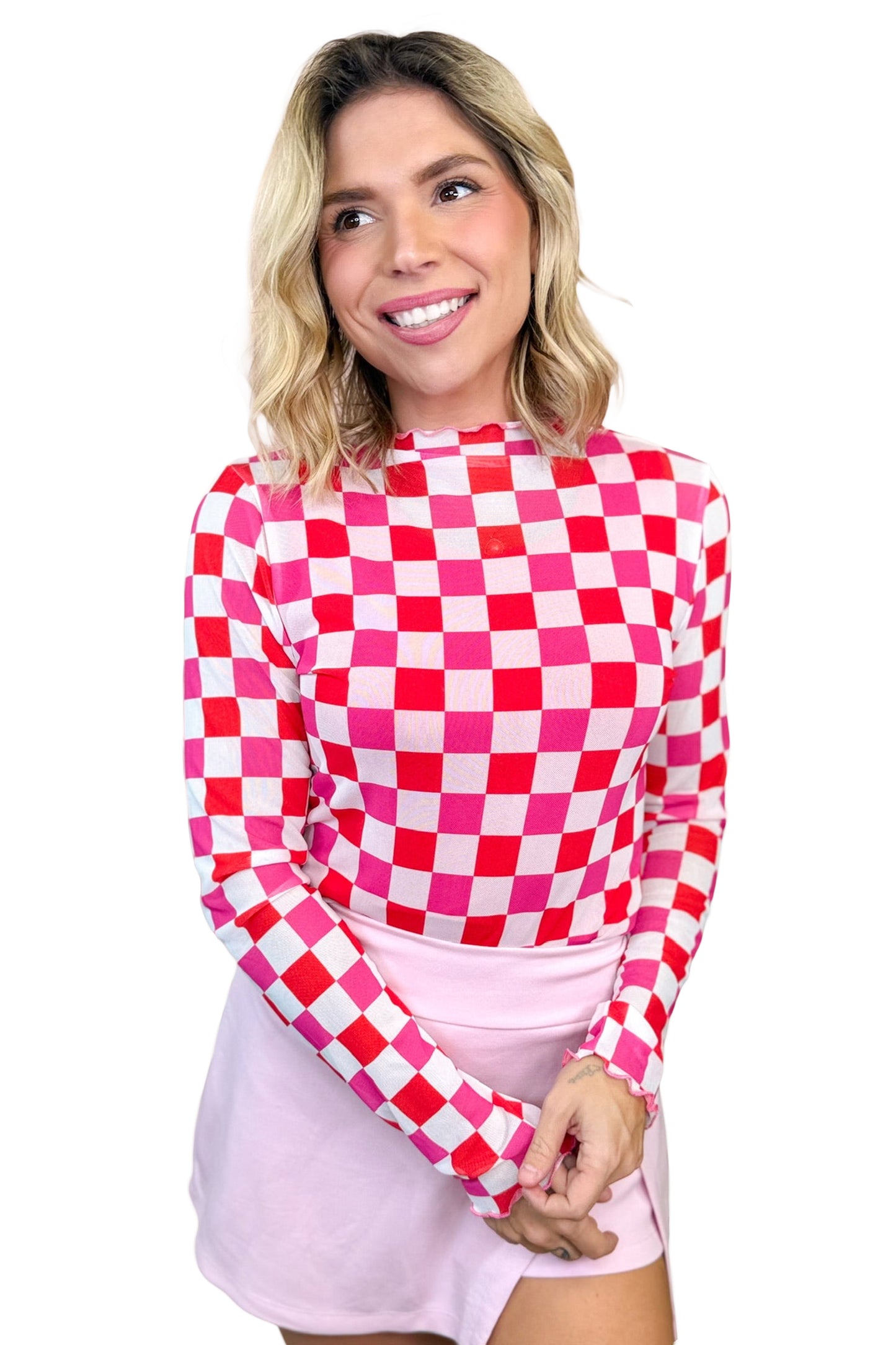 Rose Plaid Heart Mesh Sheer Long Sleeve High Neck Blouse