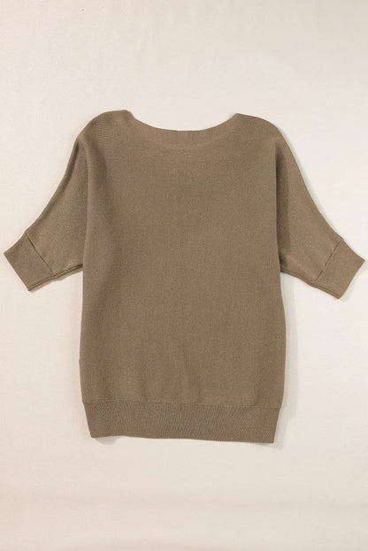 Coffee Round Neck Half Sleeve Ribbed Knit Top - Chic Meadow Boutique 