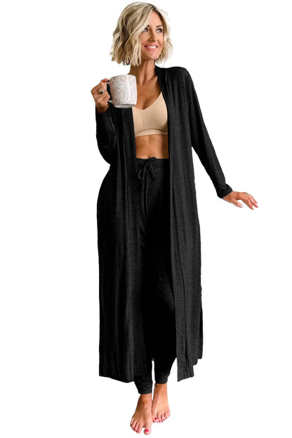 Black Split Long Cardigan and Skinny Pants Lounge Set - Chic Meadow Boutique 