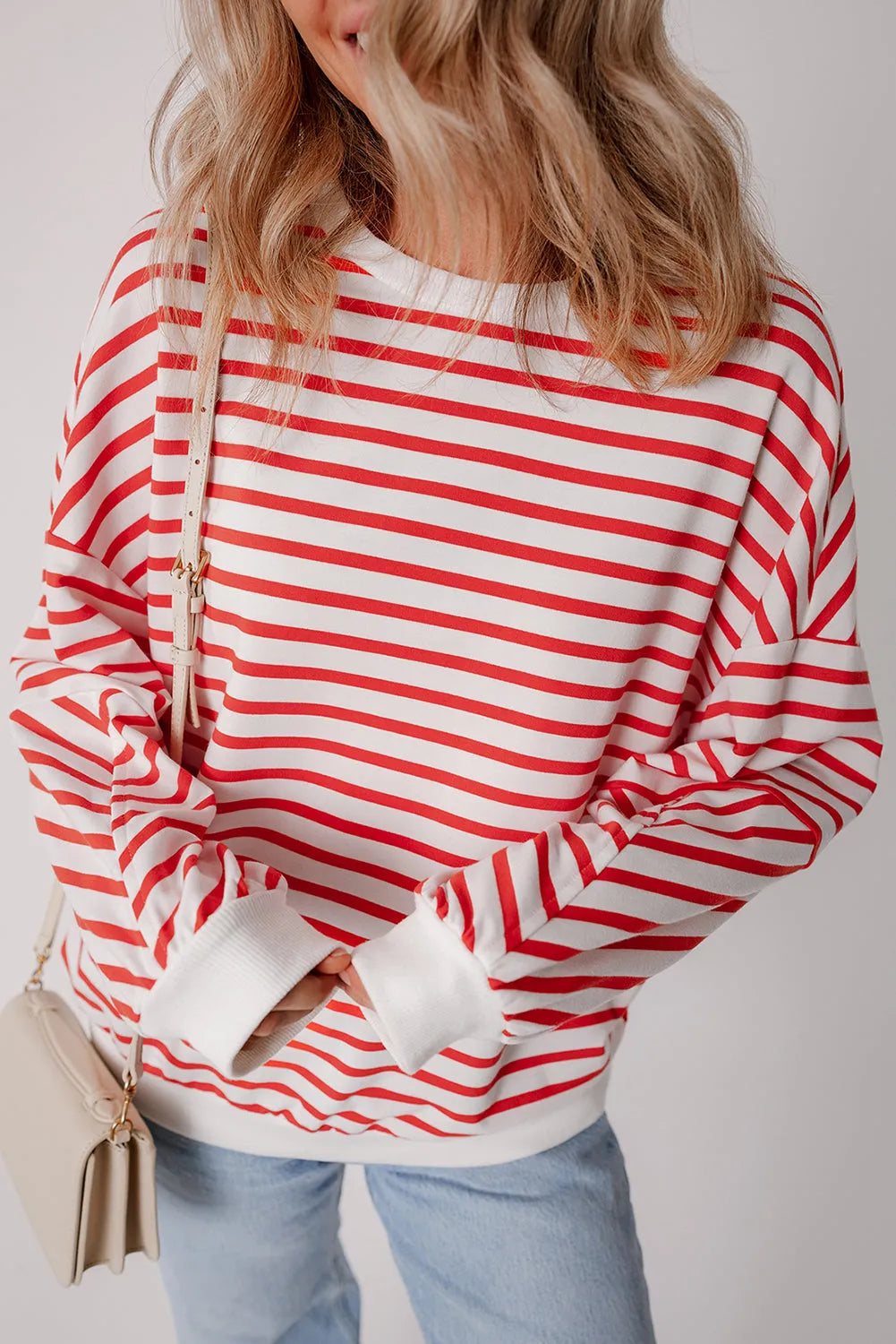 Orange Stripe Drop Shoulder Crew Neck Loose Sweatshirt - Chic Meadow Boutique 