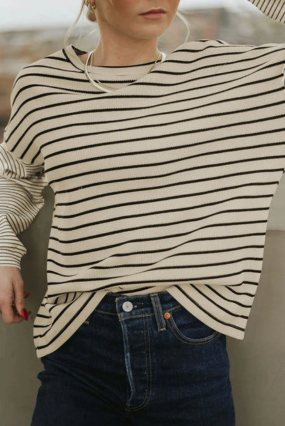 Black Striped Patchwork Loose Long Sleeve Tee - Chic Meadow Boutique 