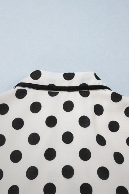 White Polka Dot Half Sleeve Collar V Neck Pocketed Casual Mini Dress