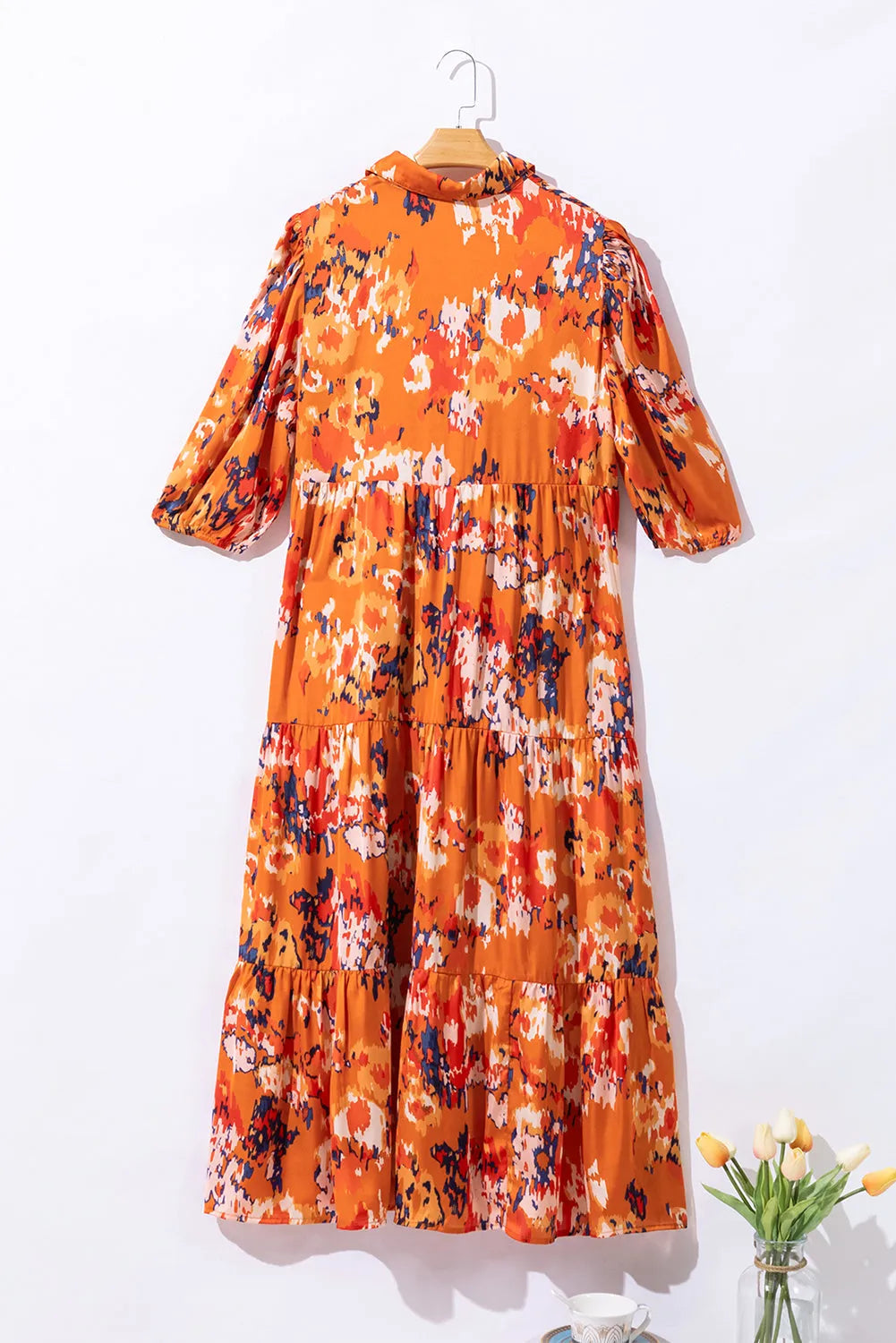 Orange Abstract Print Pleated Half Sleeve Buttoned Maxi Dress - Chic Meadow Boutique 