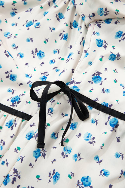 White Contrast Trim Floral Puff Short Sleeve Shirt