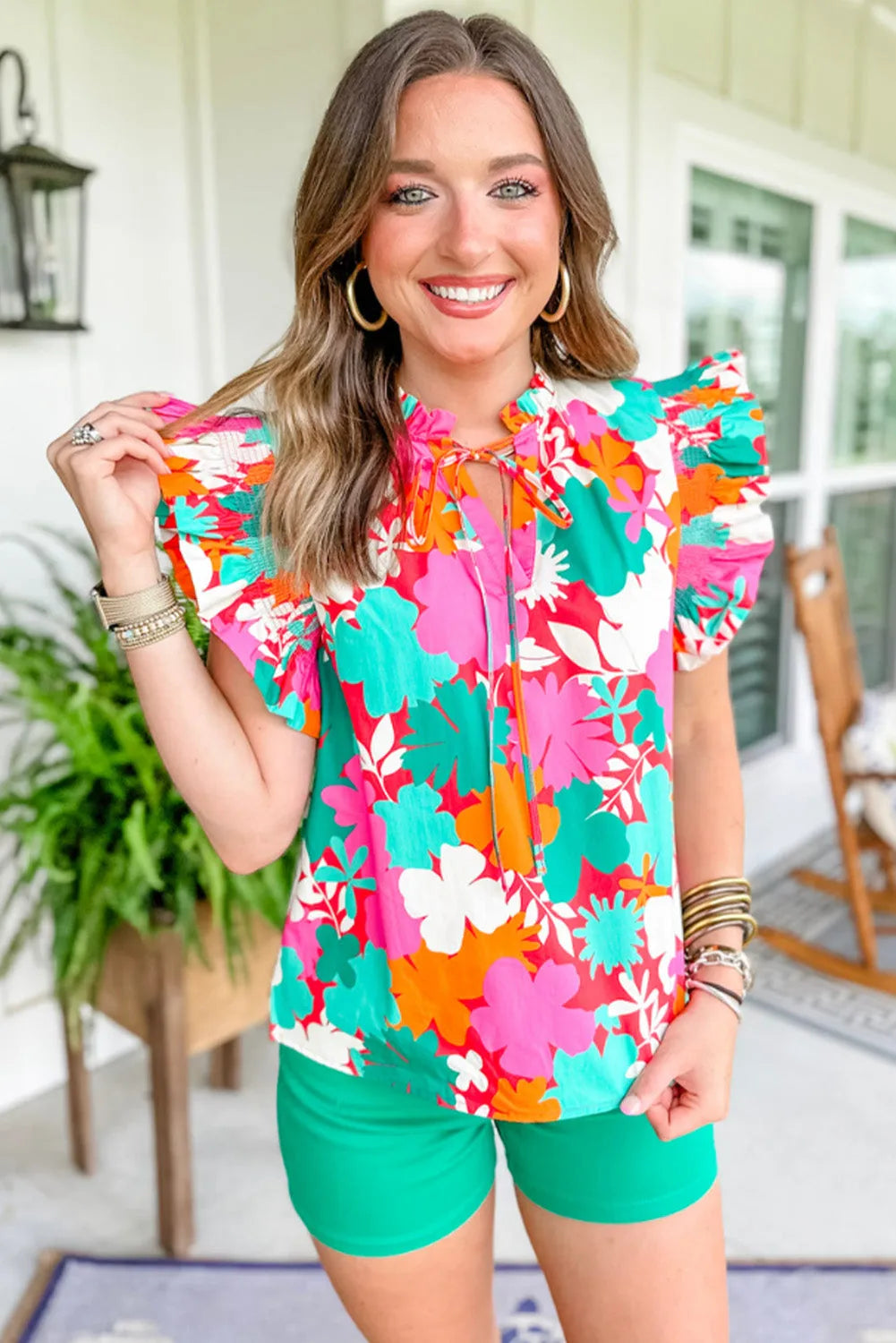 Green Floral Tie Split Neck Ruffle Trim Blouse - Chic Meadow Boutique 