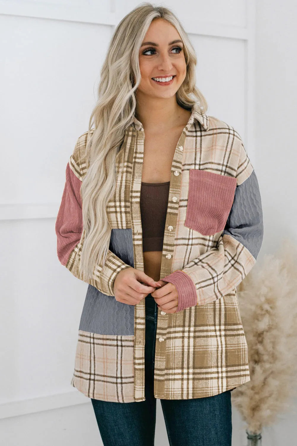 Pink Plaid Color Block Patchwork Shirt Jacket with Pocket - Chic Meadow Boutique 