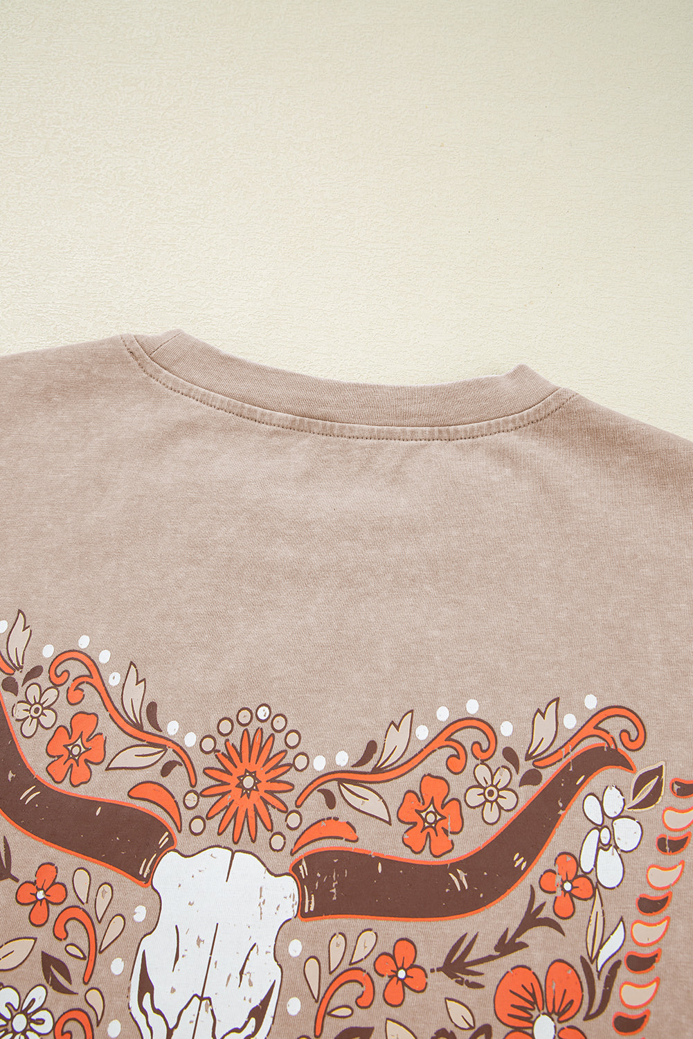 Smoke Gray Mineral Wash Floral Steer Head Printed Back Western Fashion Tee
