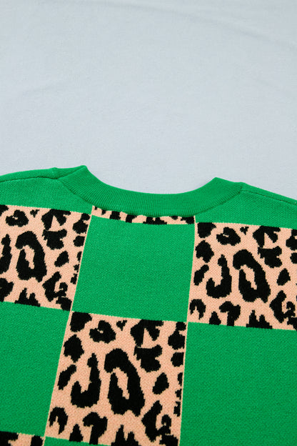 Green Plus Size Leopard Contrasted Checkered Short Sleeve Sweater