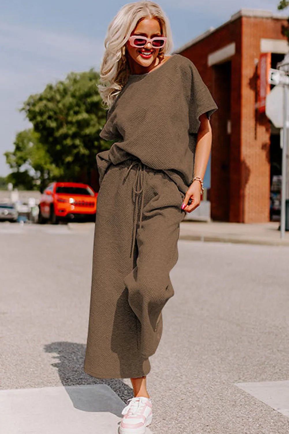 Brown Textured Loose Fit T Shirt and Drawstring Pants Set - Chic Meadow Boutique 