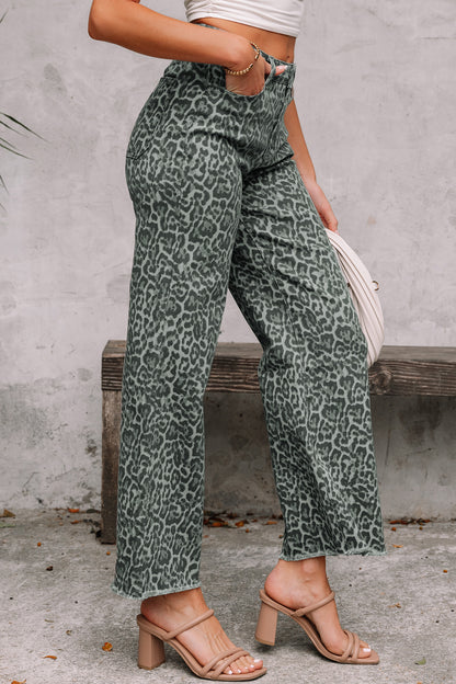 Gray Leopard Frayed Edge Wide Leg High Waist Jeans