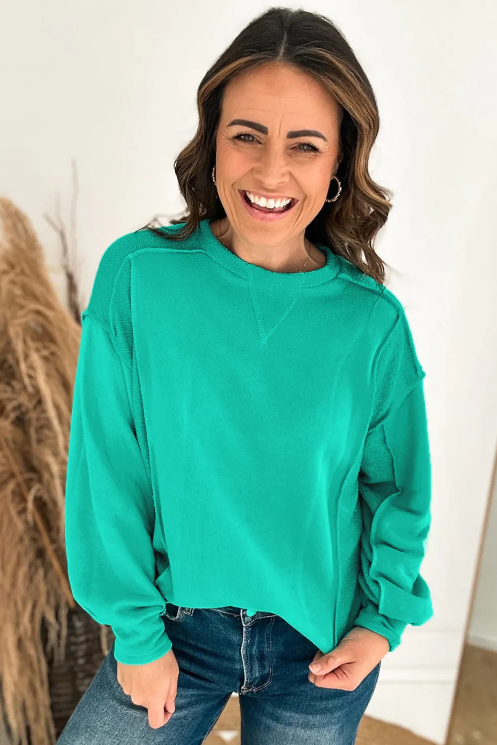 Mint Green Splicing Round Neck Pullover Sweatshirt - Chic Meadow Boutique 