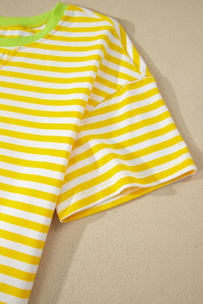 Yellow Stripe Contrast Neck Loose Tee and Drawstring Shorts Set