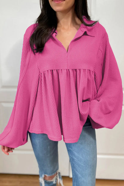 Bright Pink Corded Turn-down V Neck Bubble Sleeve Babydoll Blouse - Chic Meadow Boutique 