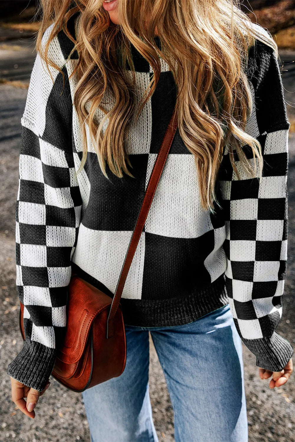 Black Checkered Print Drop Shoulder Sweater - Chic Meadow Boutique 