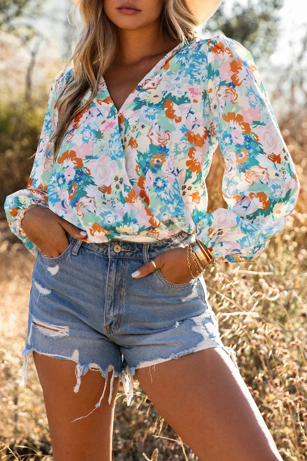 Sky Blue Floral Print Wrap Long Sleeve Bodysuit - Chic Meadow Boutique 