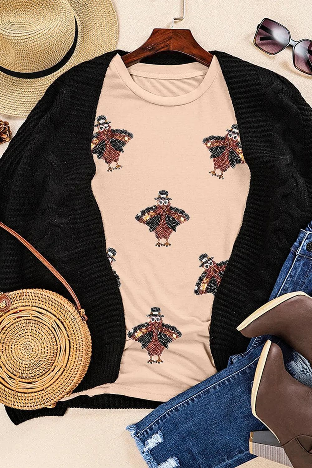 Graphic/Graphic Tees Khaki Sequined Turkey Patched Pattern Crewneck Thanksgiving T Shirt