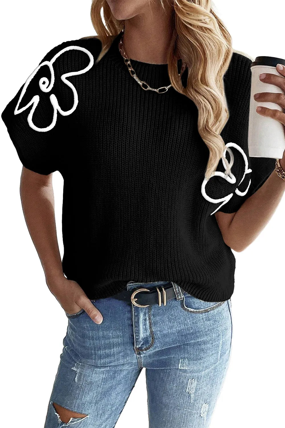 Black Flower Embroidery Sweater Tee - Chic Meadow Boutique 