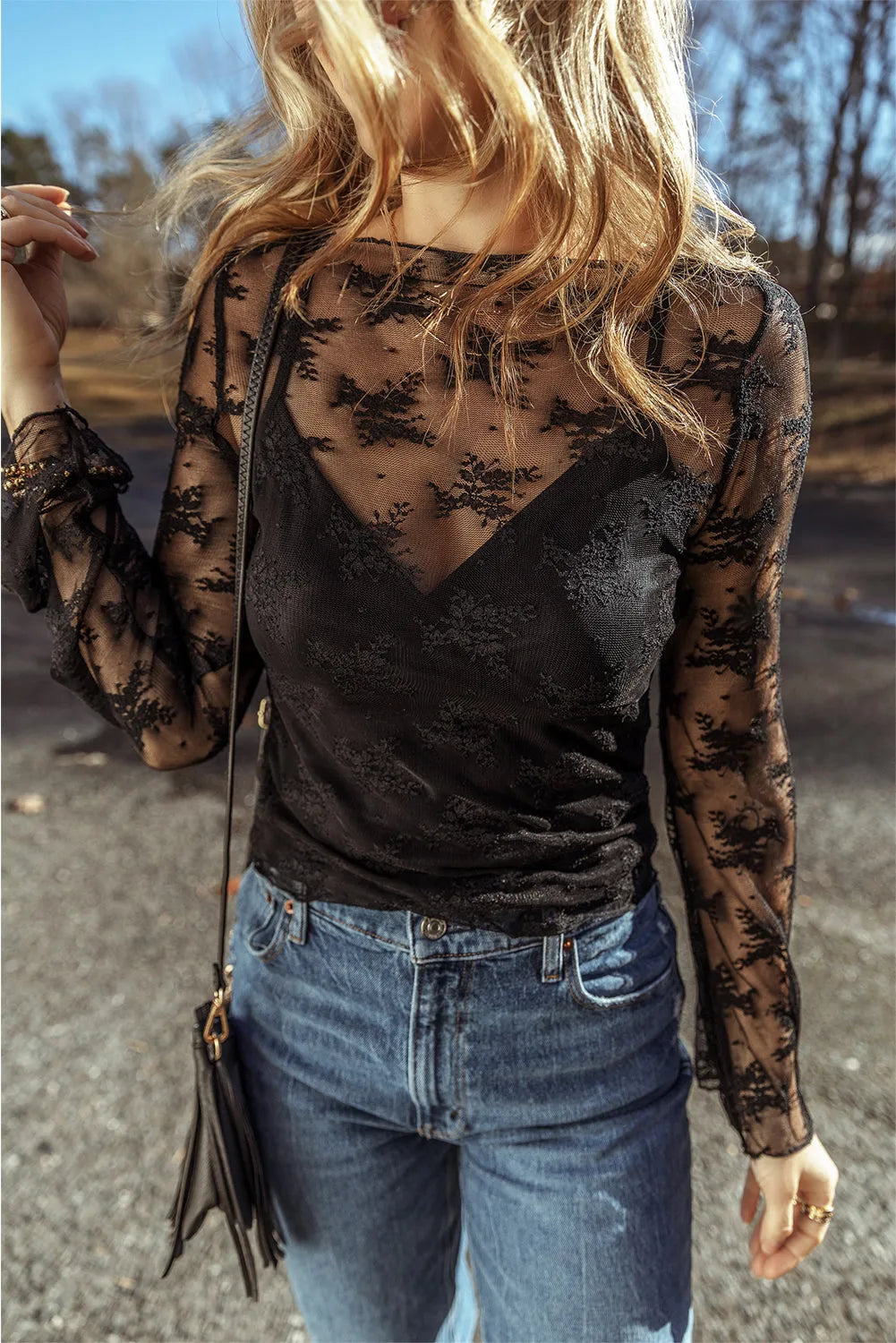 Black Lace Mesh Crochet Splicing Slim Fit Long Sleeve Blouse - Chic Meadow Boutique 