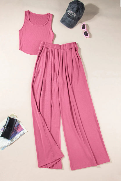 Pink Textured Sleeveless Crop Top and Wide Leg Pants Outfit - Chic Meadow Boutique 