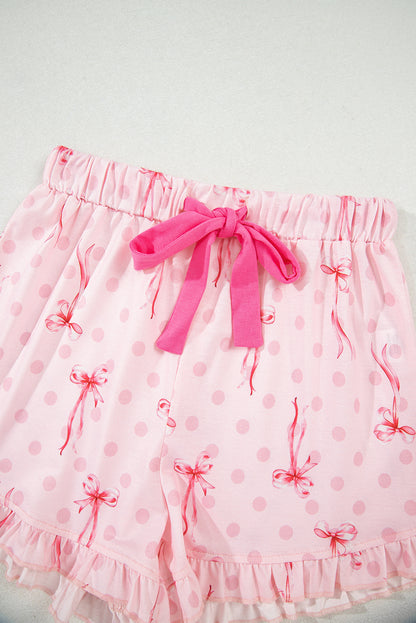Pink Bow Print Contrast Pipping Short Pajamas Set