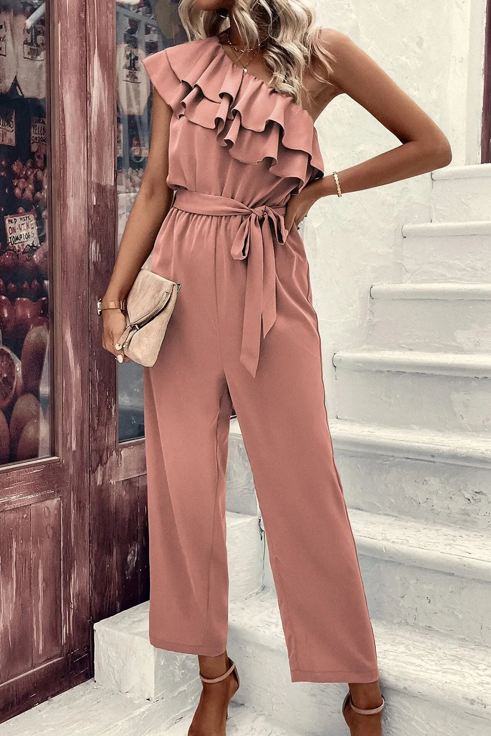 Dusty Pink One Shoulder Ruffle Trim Belted Jumpsuit - Chic Meadow Boutique 