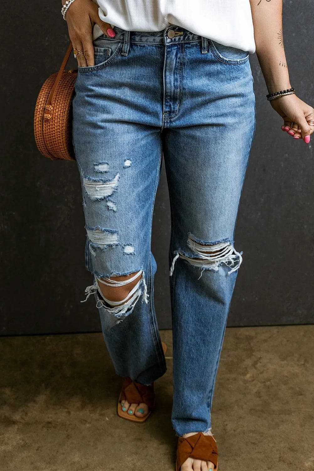 Bottoms/Jeans Light Blue Distressed Holes Raw Edge Straight Jeans