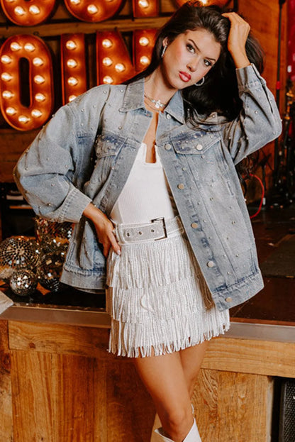 Dusk Blue Rhinestone Embellished Flap Pocket Denim Jacket - Chic Meadow Boutique 