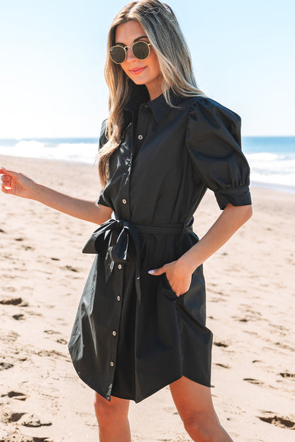 Black Button Up Tie Waist Puff Sleeve Mini Dress