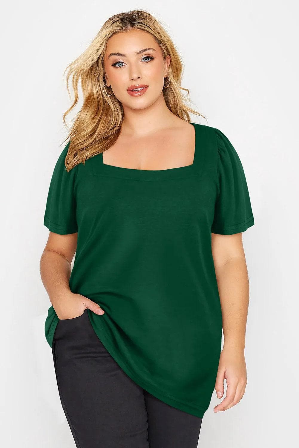 Plus Size/Plus Size Tops/Plus Size Tops & Tees Green Plus Size Square Neck Ruched Shoulder Short Sleeve Top