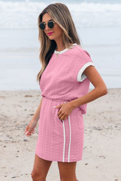Pink Contrast Trim Textured Crewneck Tee and Pocketed Skirt Set