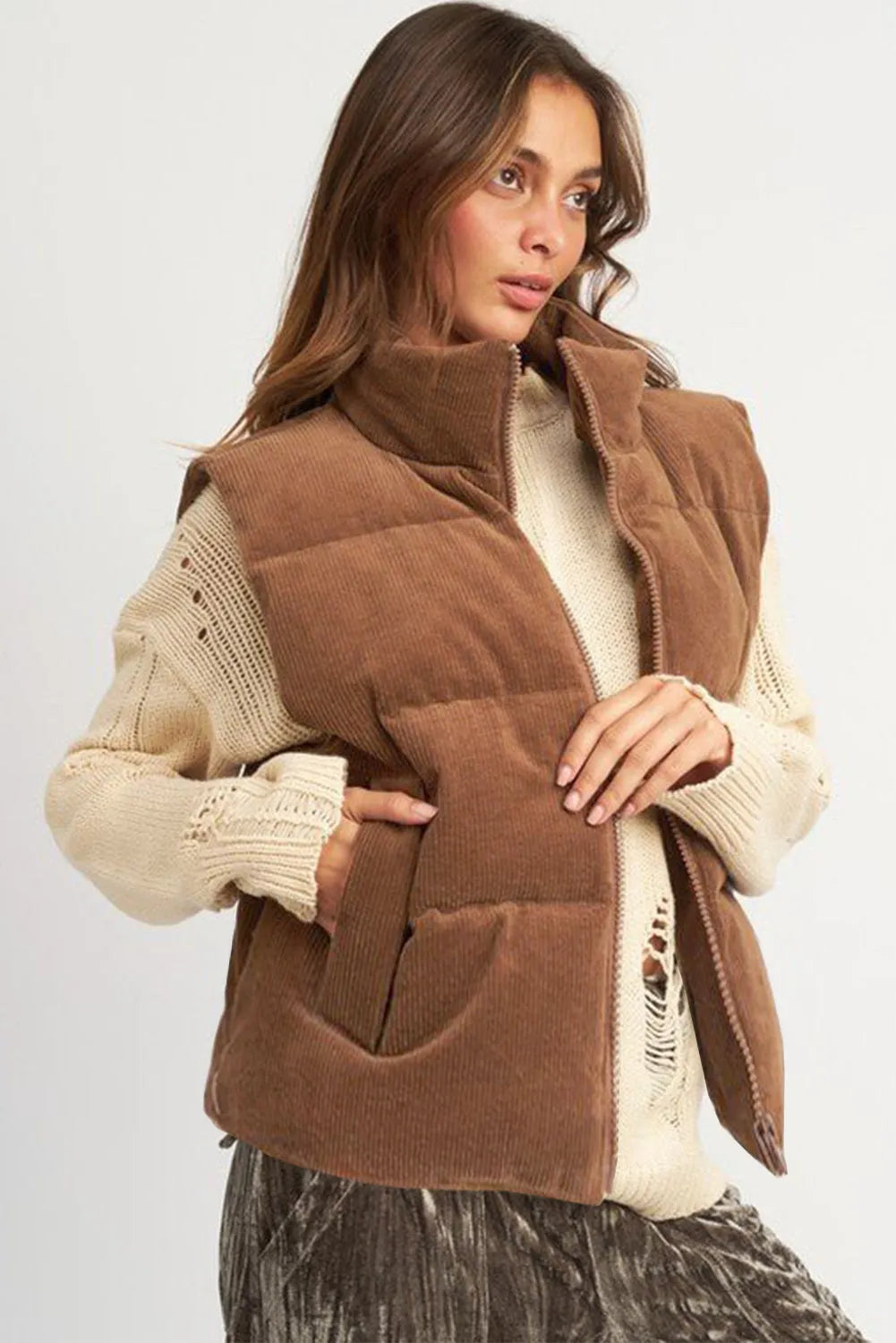 Coffee Corduroy Stand Neck Zipped Puffer Vest - Chic Meadow Boutique 