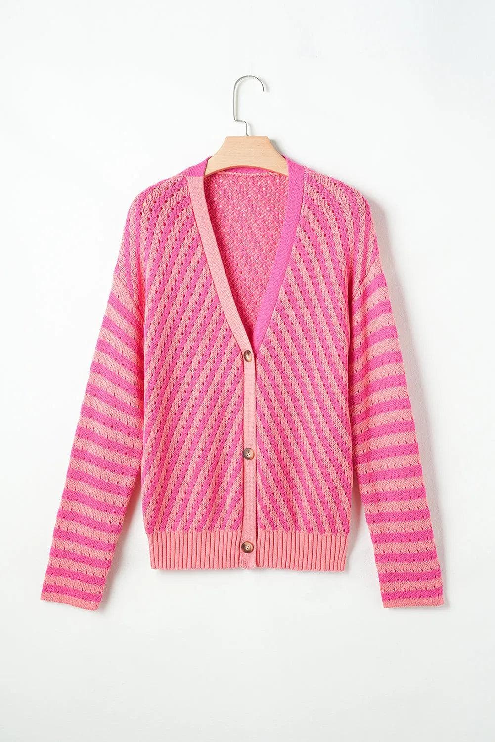 Sweaters & Cardigans/Cardigans Pink Striped Buttoned V Neck Drop Shoulder Cardigan