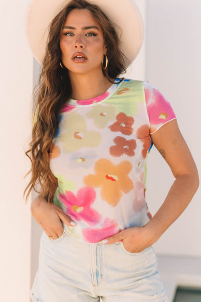 Multicolour Floral Mesh Lettuce Trim Cropped T Shirt