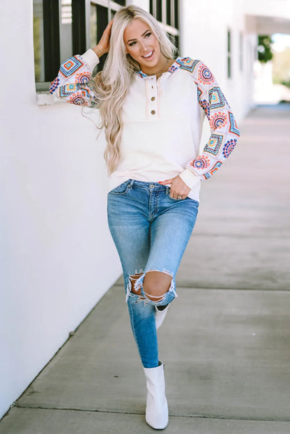 White Geometric Patchwork Raglan Sleeve Henley Hoodie - Chic Meadow Boutique 