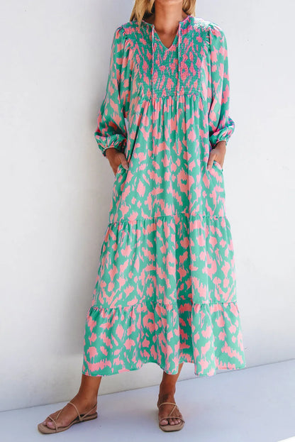 Green Abstract Print Puff Sleeve Tied Notched Neck Long Dress - Chic Meadow Boutique 