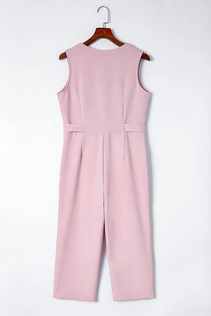 Pink Buttoned Sleeveless Cropped Jumpsuit with Sash - Chic Meadow Boutique 