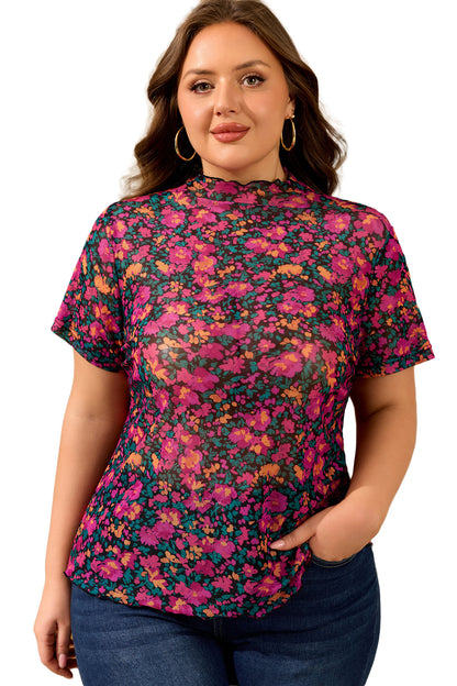 Rose Plus Size Floral Mesh Short Sleeve Top