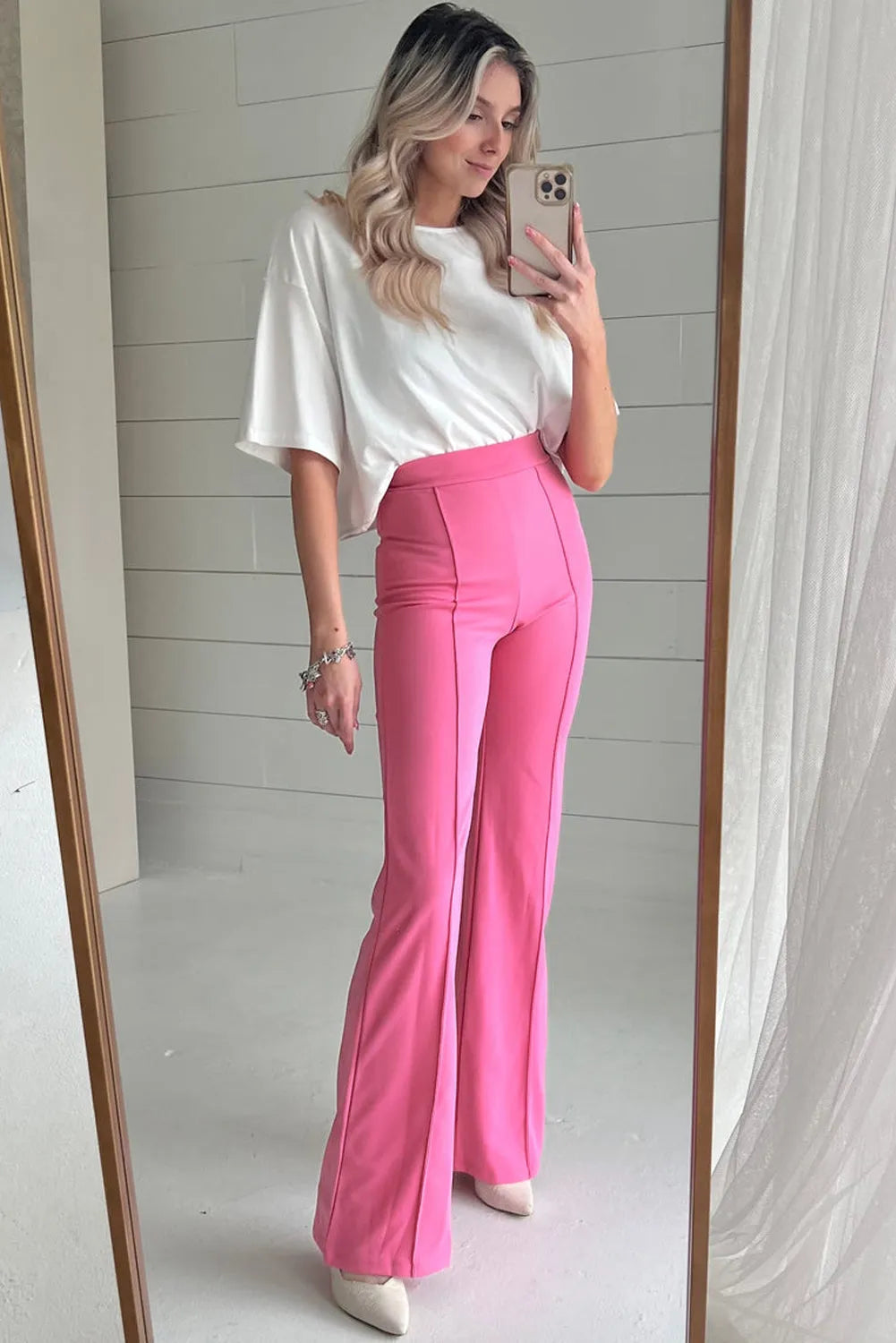 Sachet Pink High Waist Central Seam Flared Pants - Chic Meadow Boutique 