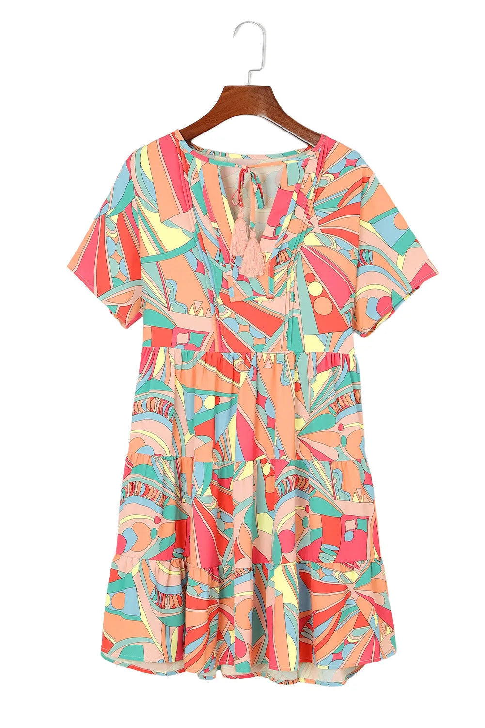 Multicolor Abstract Geometric Print Tassel Tie Flared Dress - Chic Meadow Boutique 