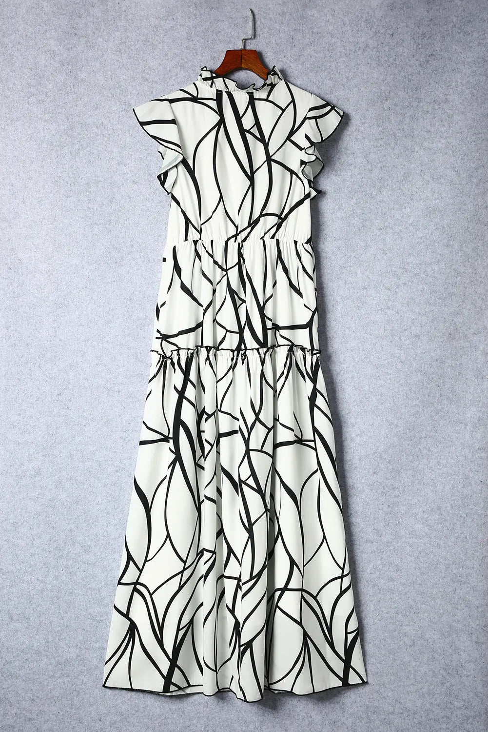 White Abstract Vein Print V Neck Ruffle Maxi Dress - Chic Meadow Boutique 