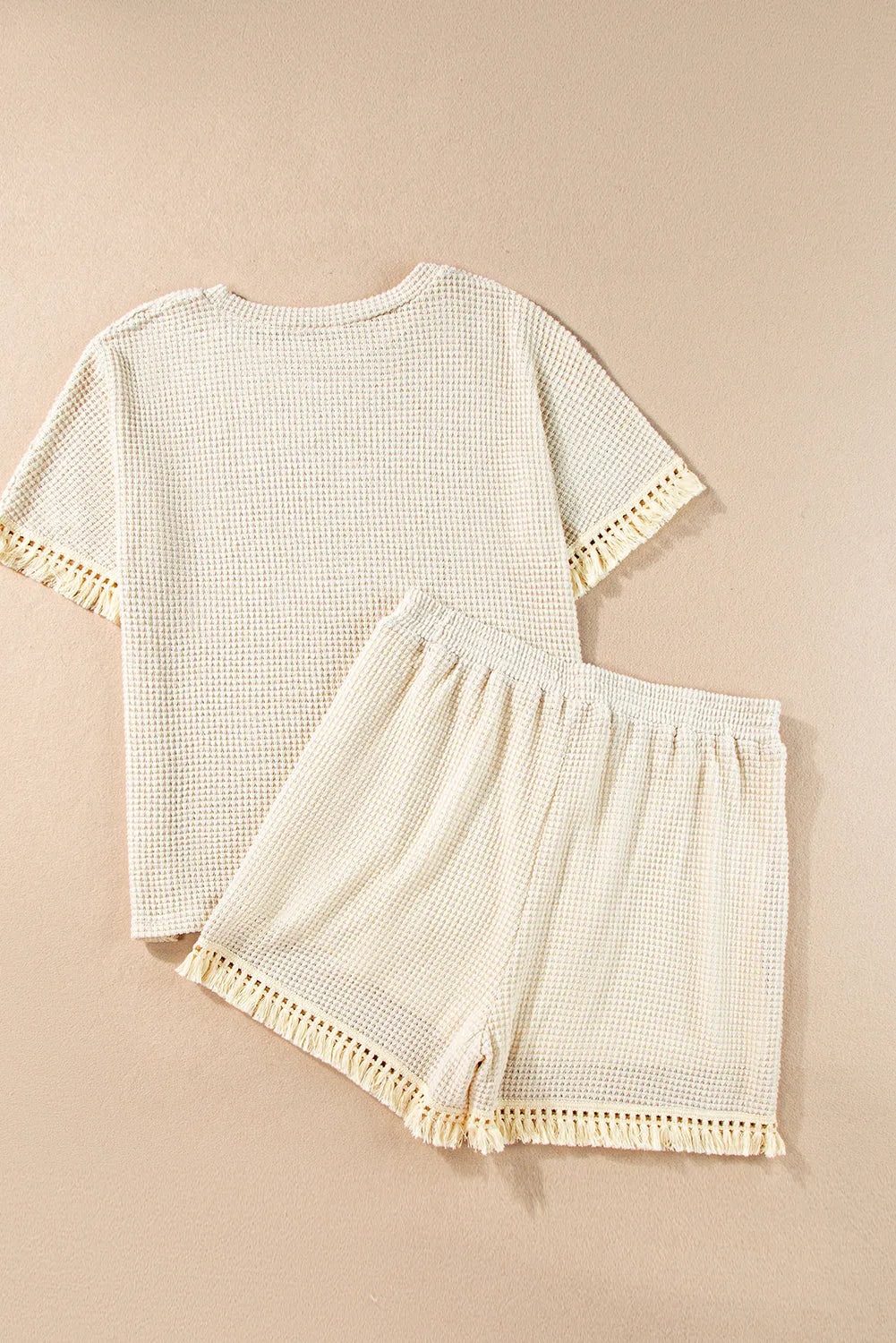 Beige Fringe Trim Textured Short Two Piece Set - Chic Meadow Boutique 