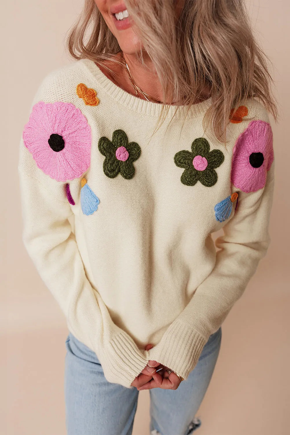 Beige Knitted Flower Pattern Ribbed Edge Sweater - Chic Meadow Boutique 